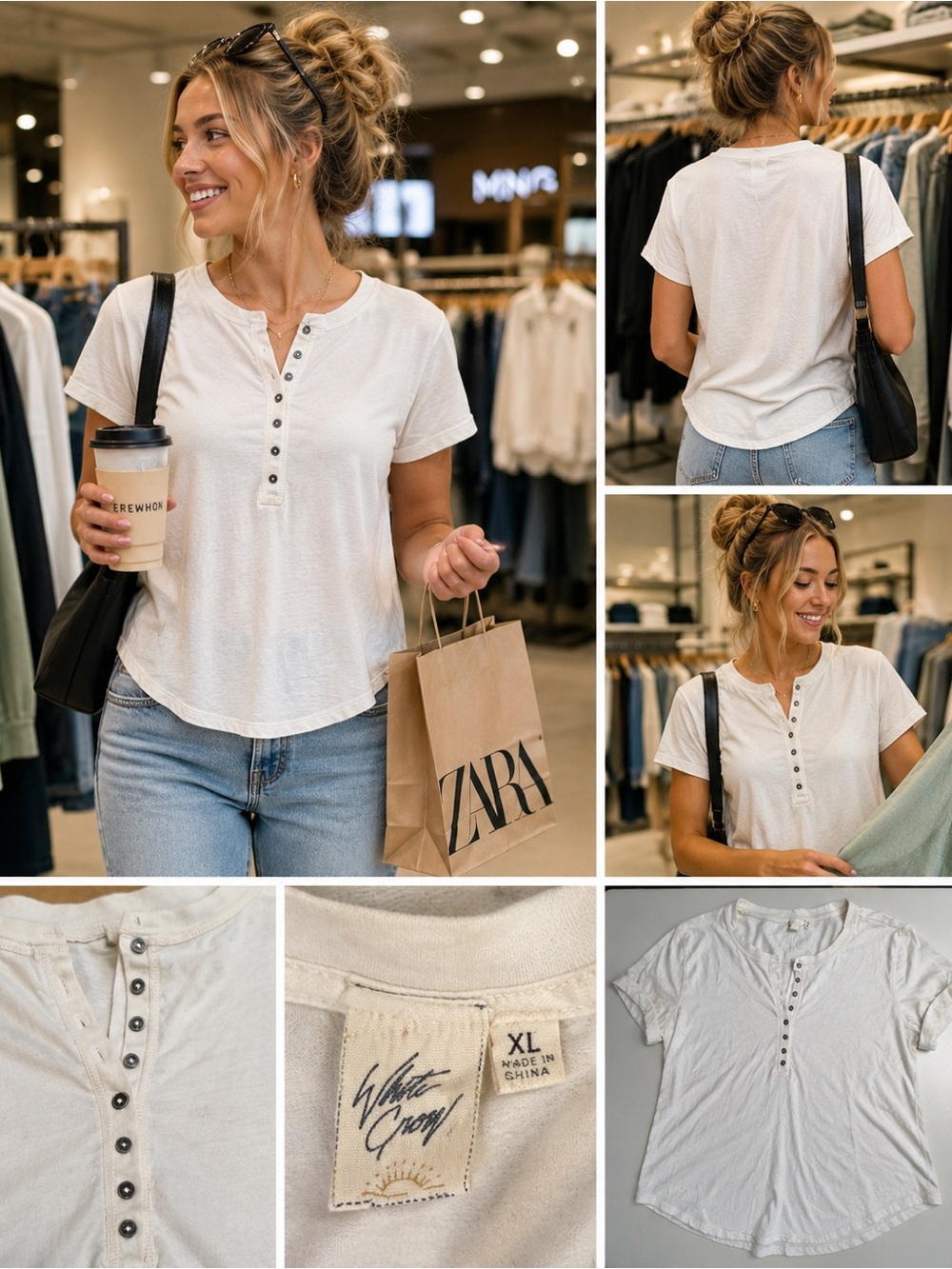 White Crow Short Sleeve Henley Top – XL – Soft Ivory Casual Button Front Tee